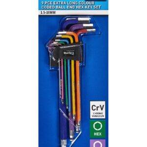 Extra Long Colour Coded Ball End Hex Key Set 9 Piece (1.5 - 10mm)
